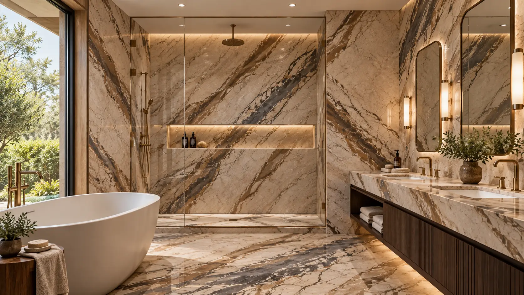 Luxury bathroom featuring Breccia Fantastica marble on the shower walls, vanity, floor, and feature walls.