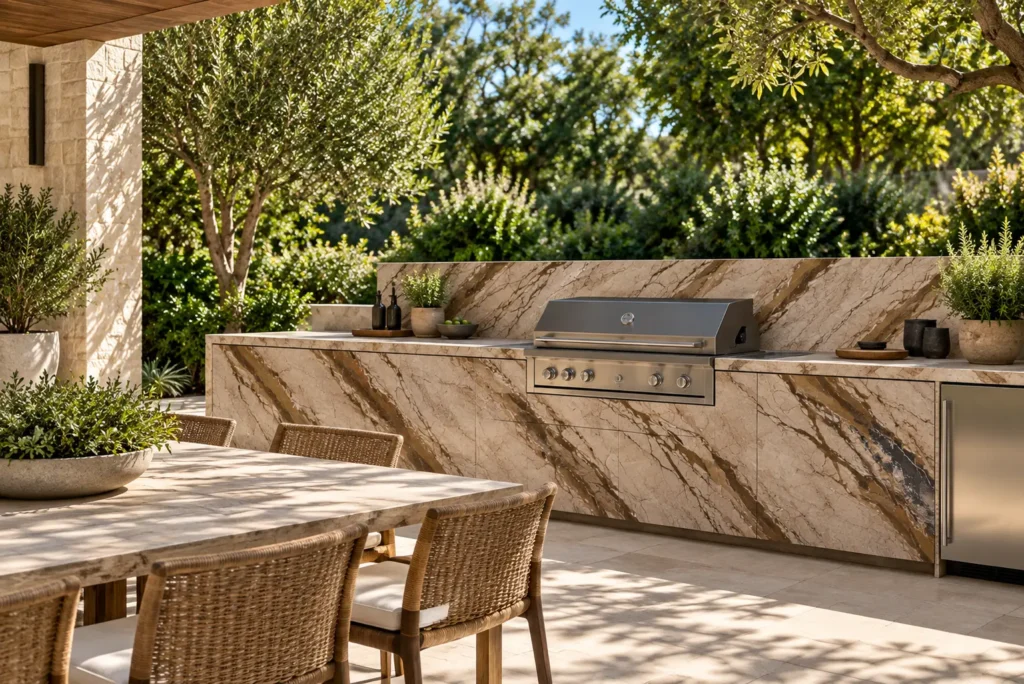 Breccia Fantastica marble outdoor kitchen with BBQ surrounded by lush green landscaping.