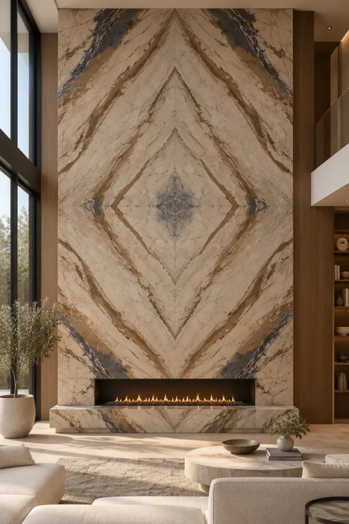 Diamond-matched natural stone slabs with warm beige tones, brown veining and dramatic charcoal accents arranged in a symmetrical vertical pattern.