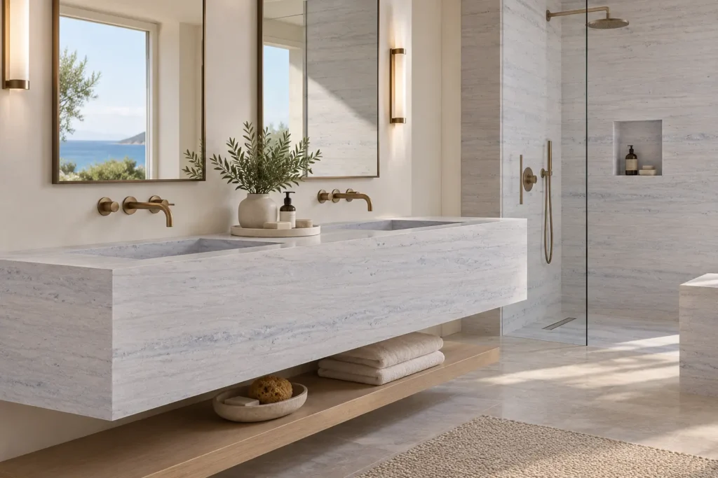 Ataija Blue Storm limestone floating vanity and shower in a contemporary luxury bathroom