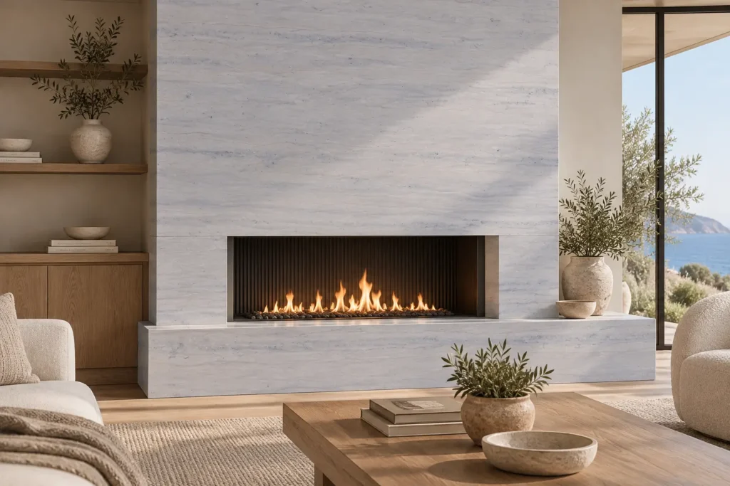 Ataija Blue Storm vein-cut limestone fireplace surround and hearth in a contemporary living room