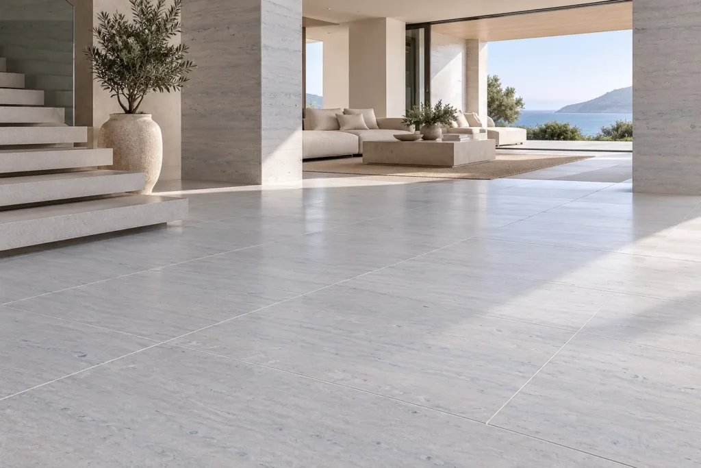 Ataija Blue Storm limestone flooring in 24 x 48 panels in a modern coastal residence.