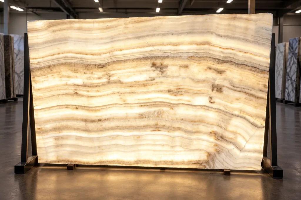 Conceptual backlit Ivory Onyx Extra slab displaying illuminated horizontal bands of ivory, cream, honey, and warm beige.
