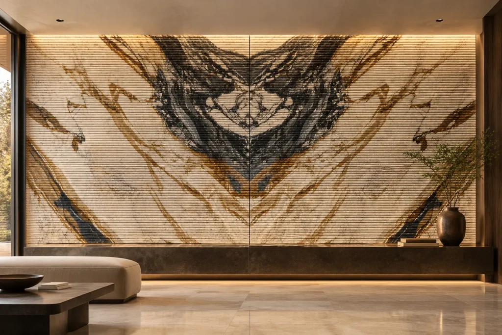 AI rendering of a contemporary interior featuring a bookmatched Breccia Fantastica marble wall with deep horizontal grooves and warm architectural lighting.