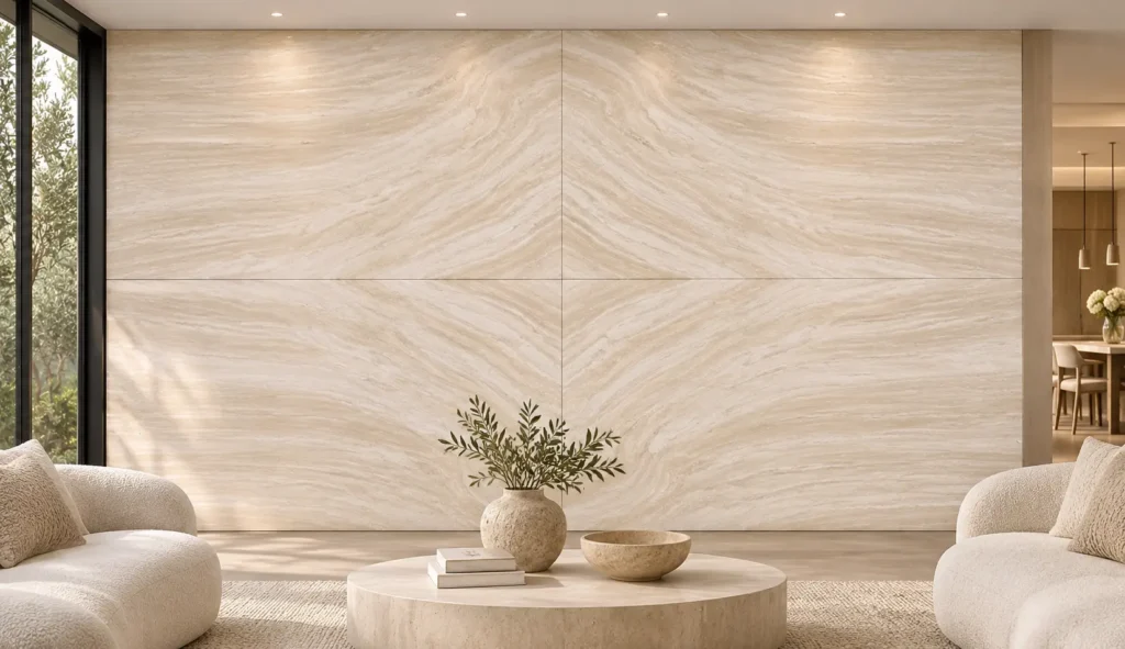 Luxury living room featuring a four-slab diamond-matched Italian Navona Vein Cut Travertine feature wall with warm ivory tones and symmetrical natural veining.