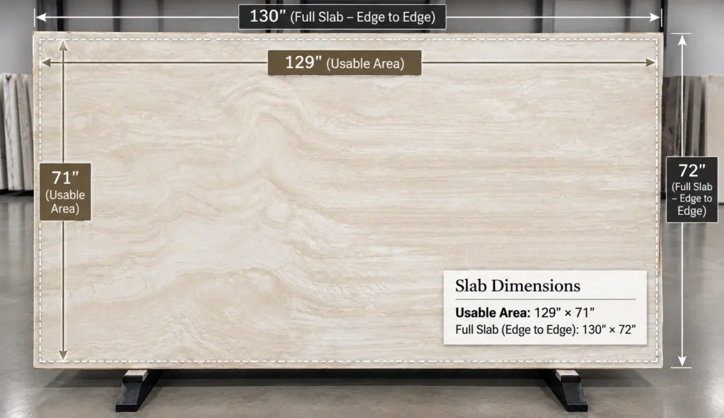 Oversized Italian Navona Vein Cut Travertine slab showing 129" × 71" usable dimensions and 130" × 72" overall dimensions, quarried and produced in Italy.