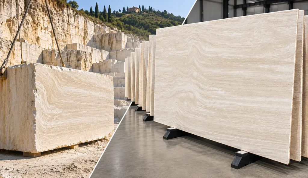 AI-generated illustration of Italian Navona Vein Cut Travertine slabs displayed against a travertine quarry landscape inspired by Tivoli, Italy.