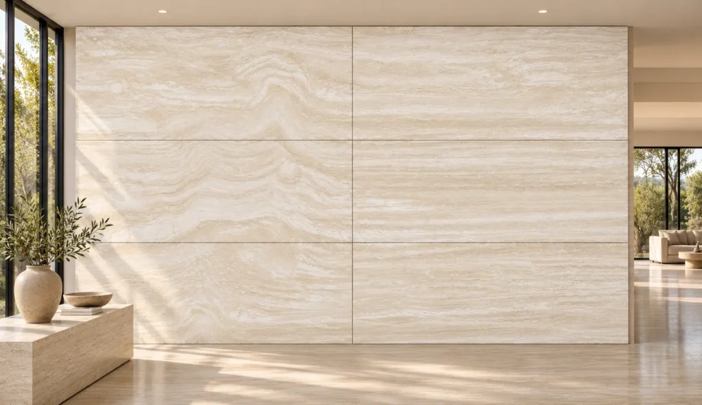 AI-generated luxury interior featuring Italian Navona Vein Cut Travertine in six vein-aligned wall panels with visible seams, illustrating architectural continuity.