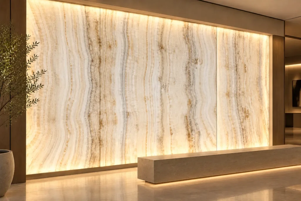 Luxury interior with a backlit Ivory Onyx Extra feature wall displaying vertical ivory, cream, and beige banding across multiple stone panels.