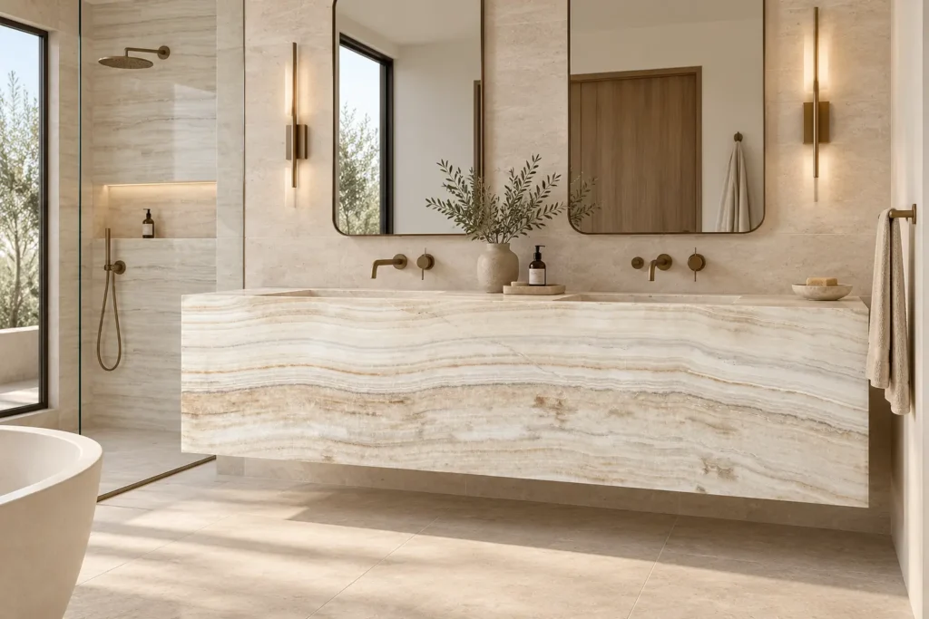 Luxury bathroom featuring an Ivory Onyx Extra double vanity with horizontal ivory, cream, and beige banding, brass fixtures, and natural daylight.