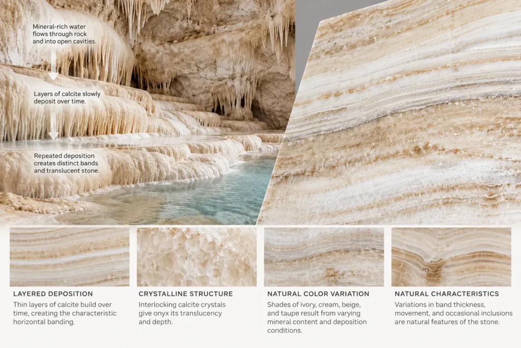 Illustration of natural onyx formation showing mineral-rich water depositing layers of calcite, alongside close-ups of Ivory Onyx Extra banding and crystalline patterns.