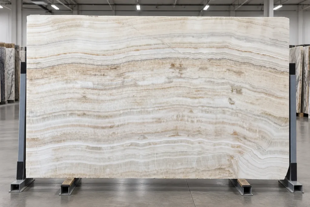Ivory Onyx Extra natural stone slab featuring horizontal ivory, cream, and beige banding, displayed on an A-frame at The World of Stone.