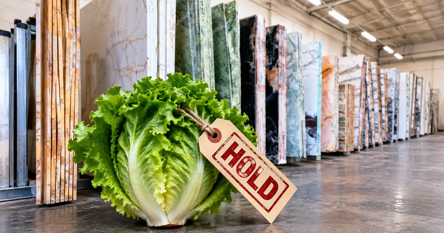 Head of lettuce with a HOLD tag in The World of Stone warehouse, humorously illustrating natural stone inventory holds and reservations.
