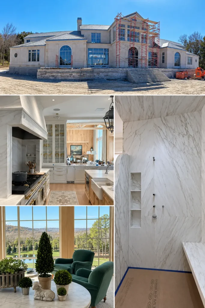 Nashville luxury residence featuring custom natural stone exterior, marble kitchen, marble shower and stone interior details.