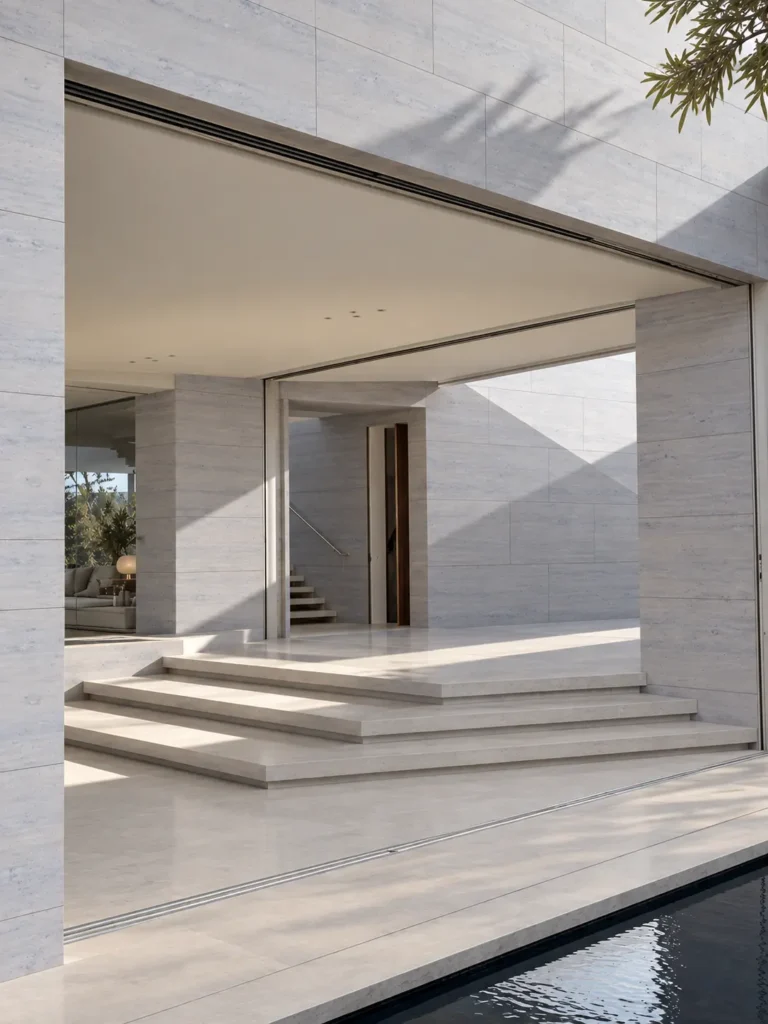 Ataija Blue Storm limestone used as 24 x 48 wall cladding in a modern luxury residence.