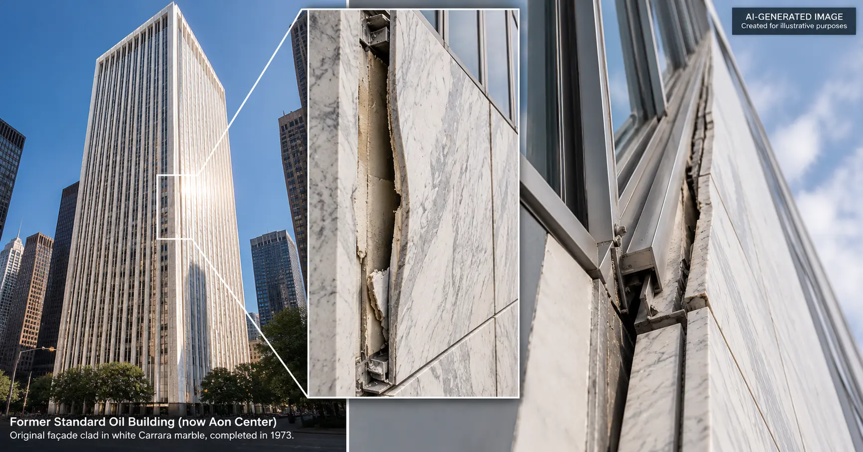 AI-generated illustration of damaged Carrara marble façade panels, showing separation and deterioration caused by improper stone application.