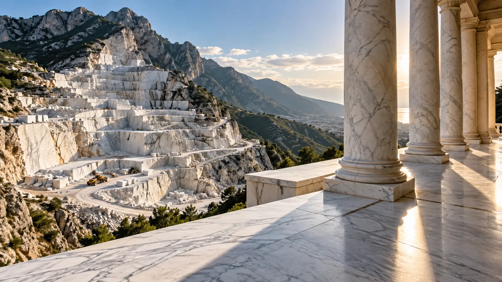 AI-generated illustration of a white marble quarry beside classical marble columns and flooring, illustrating natural stone sustainability and architectural longevity.