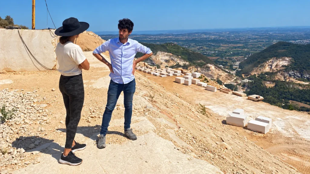 Stone selection trip to Italy with a quarry representative during an international sourcing visit for a private residential project.