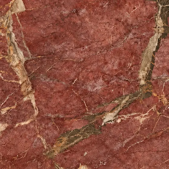 Close-up of Rosso Impero red marble featuring a rich burgundy background with intricate cream, gold, and dark mineral veining.