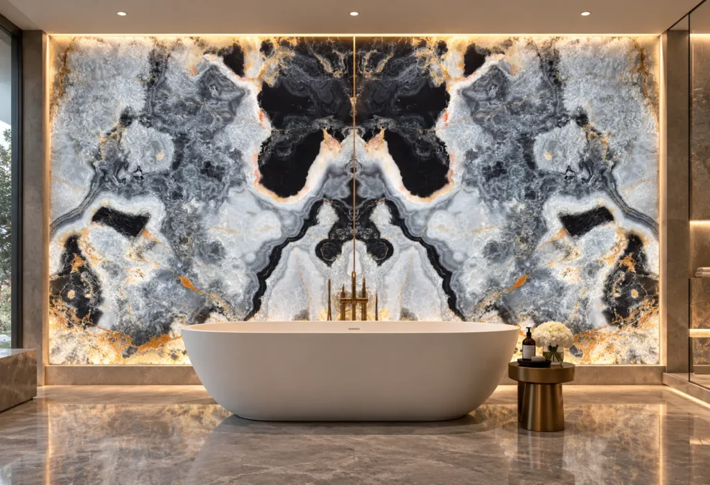 Luxury bathroom featuring a backlit, bookmatched Silver Grey Onyx feature wall with dramatic black and silver-gray crystalline patterns, subtle gold veining, and a freestanding bathtub.