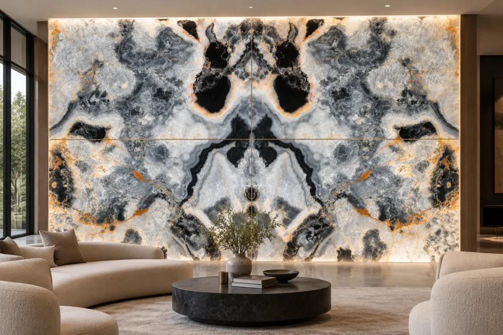 Luxury living room featuring a four-slab Silver Grey Onyx feature wall in a diamond-match arrangement, displaying intricate silver-gray, charcoal, black, and subtle gold veining.