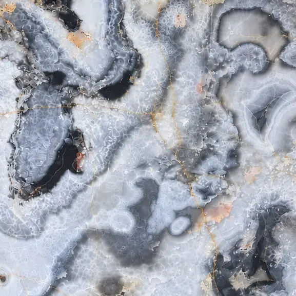 Close-up of Silver Grey Onyx showing intricate crystalline patterns, swirling silver-gray and charcoal formations, translucent layers, and delicate gold veining.