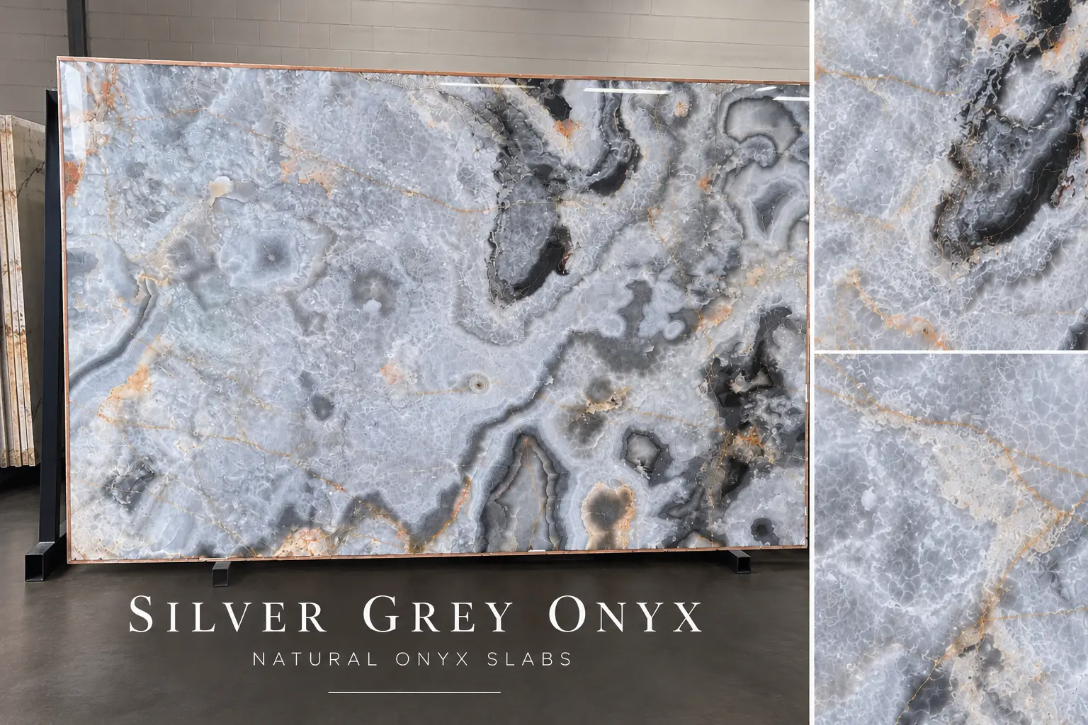 Silver Grey Onyx natural stone slab displayed on an A-frame with close-up details of silver-gray crystalline formations, charcoal veining, and subtle gold accents.