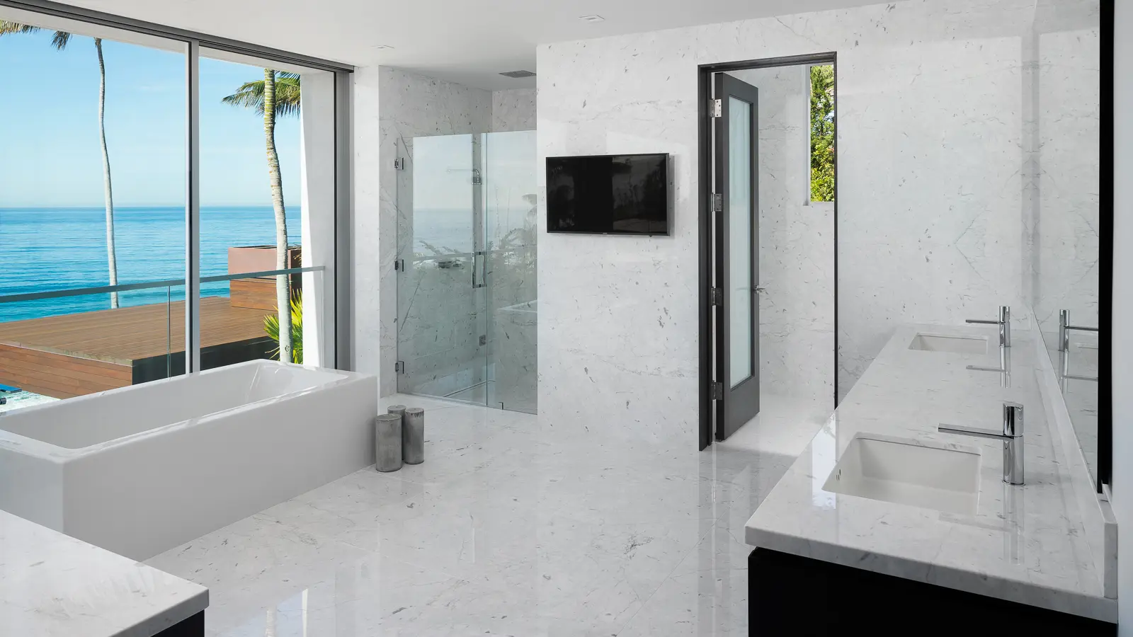 Natural stone vanity with flowing gray and beige veining, highlighting the unique patterns formed by nature.